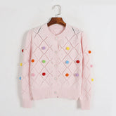 Pull à manches bouffantes et col rond, cardigan à simple boutonnage avec boule de fourrure de couleur Preppy précoce
